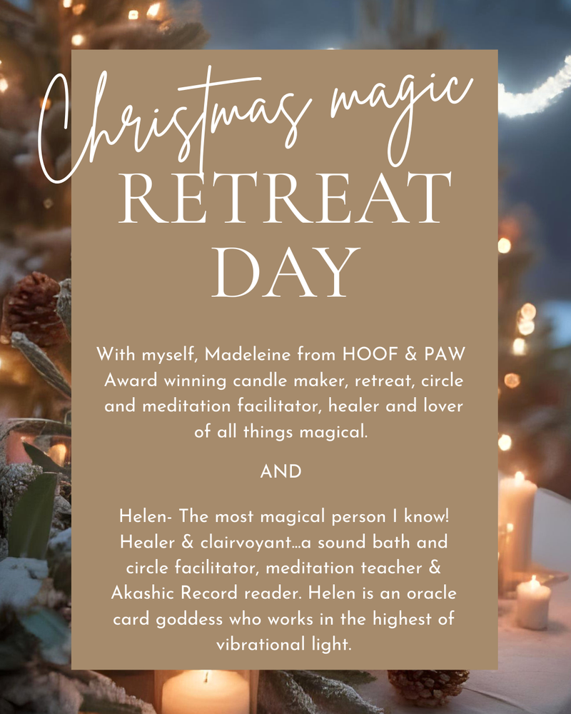Promotional poster for a Christmas magic retreat day with text about Madeleine and Helen, set against a festive background.