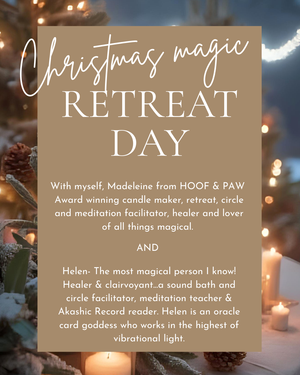 Promotional poster for a Christmas magic retreat day with text about Madeleine and Helen, set against a festive background.